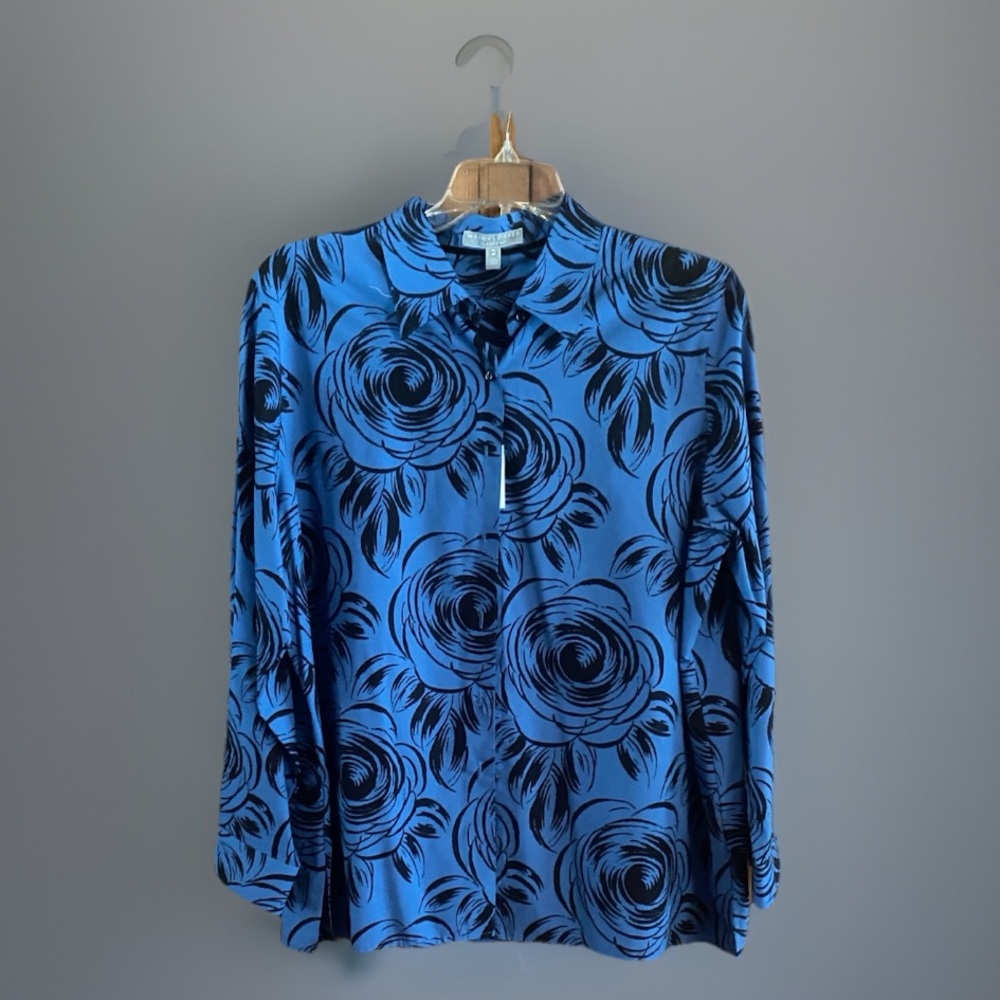 Wrinkle Free Classic Shirt 16 W Cotton Blue Black Floral Print New No Tags